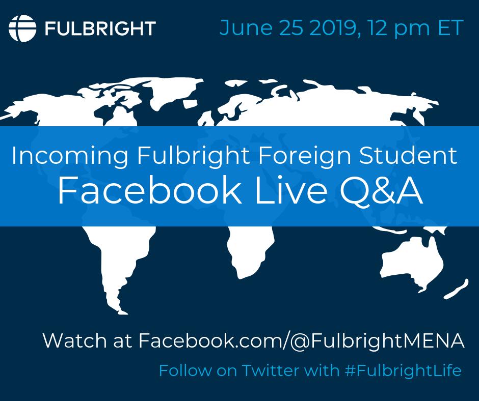 AmideastHQ's tweet photo. Another reminder that on June 25, @FulbrightMENA will host a Facebook Live Q&amp;A at 12pm ET! Tune in to ask questions about the Fulbright Foreign Student program and hear from current students about what it’s like to study in the #US, or ask on Twitter with #FulbrightLife. https://t.co/ArsYaI8eFs