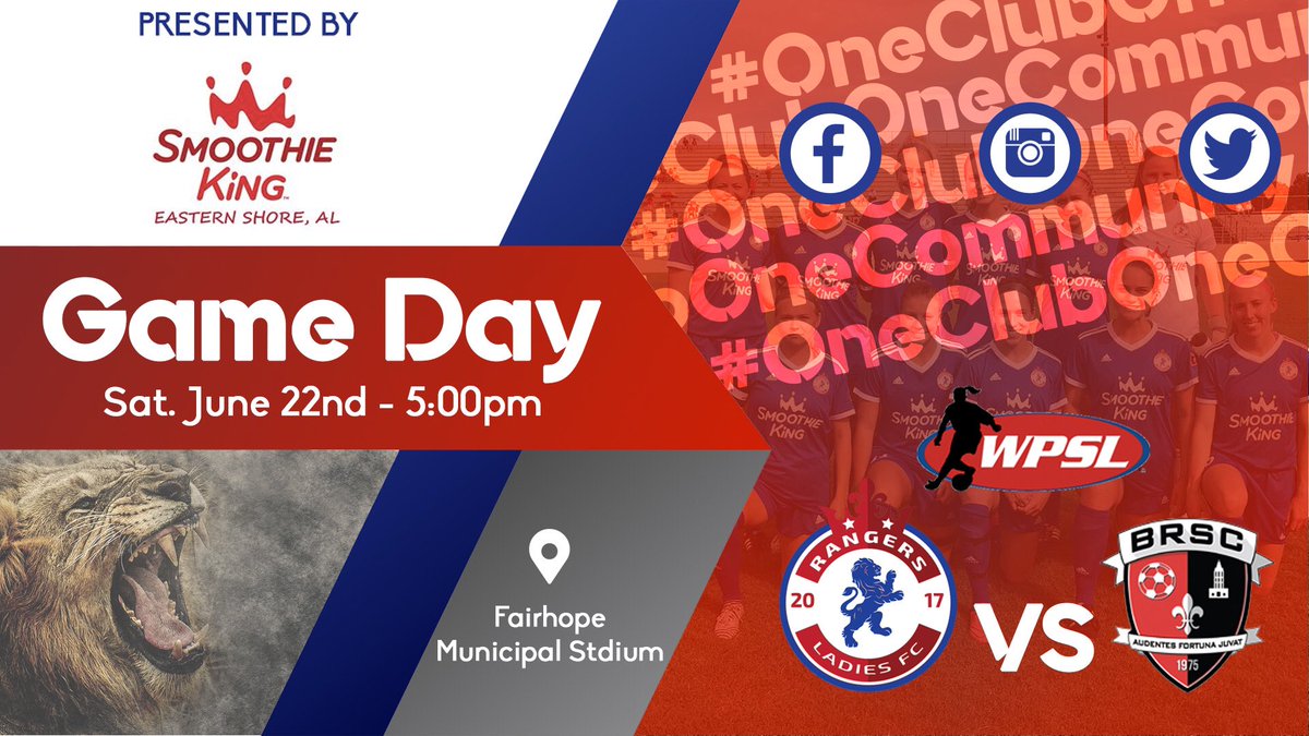 GAME DAY!
Join us tonight as we take on @brunitedwpsl at the Fairhope Municipal Stadium!
⏰5:00pm kick off.

#RangersRangers 🔴⚪️