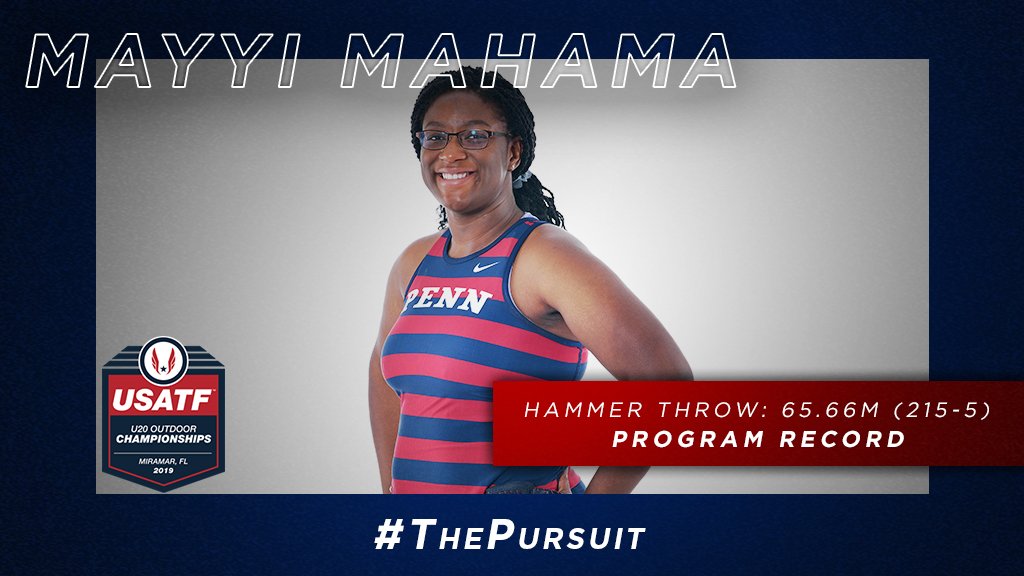 PennTrack's tweet photo. U20 NATIONAL CHAMPION!

Mayyi Mahama CRUSHES the field with a program-record mark of 65.66 (215-5) to capture the @usatf U20 national title, qualify for the U20 Pan American Games and move into second in @IvyLeague HISTORY!

#ThePursuit | #USATFU20 https://t.co/ALhVzG0Q7k