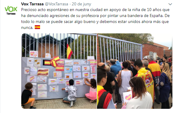 La concentració davant l'escola Font de L’Alba del passat 20 de juny no va tenir res d'espontània. La van impulsar membres de VOX i també hi van assistir membres la Brigada Tarrasa, organització feixista paramilitar i violenta. 
Ens reafirmen en el nostre suport a la mestra!
