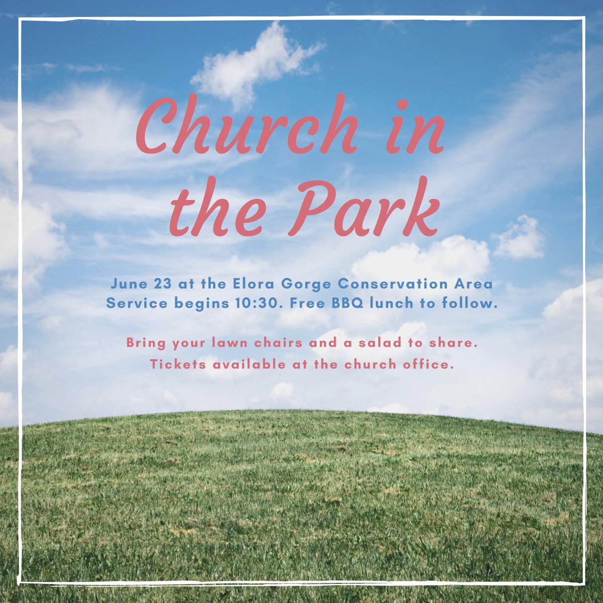 Final reminder for Church in the Park tomorrow.  Service starts at 10:30 with lunch to follow. Bring your lawn chairs and a salad to share. Everything else will be provided by Central. There will be sports and games for children of most ages! 

#elorafergus #welcome2central