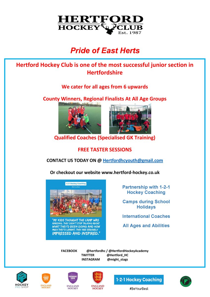 Hertford_HC's tweet photo. Hertford Hockey Club Junior Membership is open for the 19/20 Season. One of the most successful clubs in Hertfordshire is looking for a new intake for its excellent junior programme from aged 5 through to Senior Hockey and beyond. https://t.co/yGqIpAwaJM