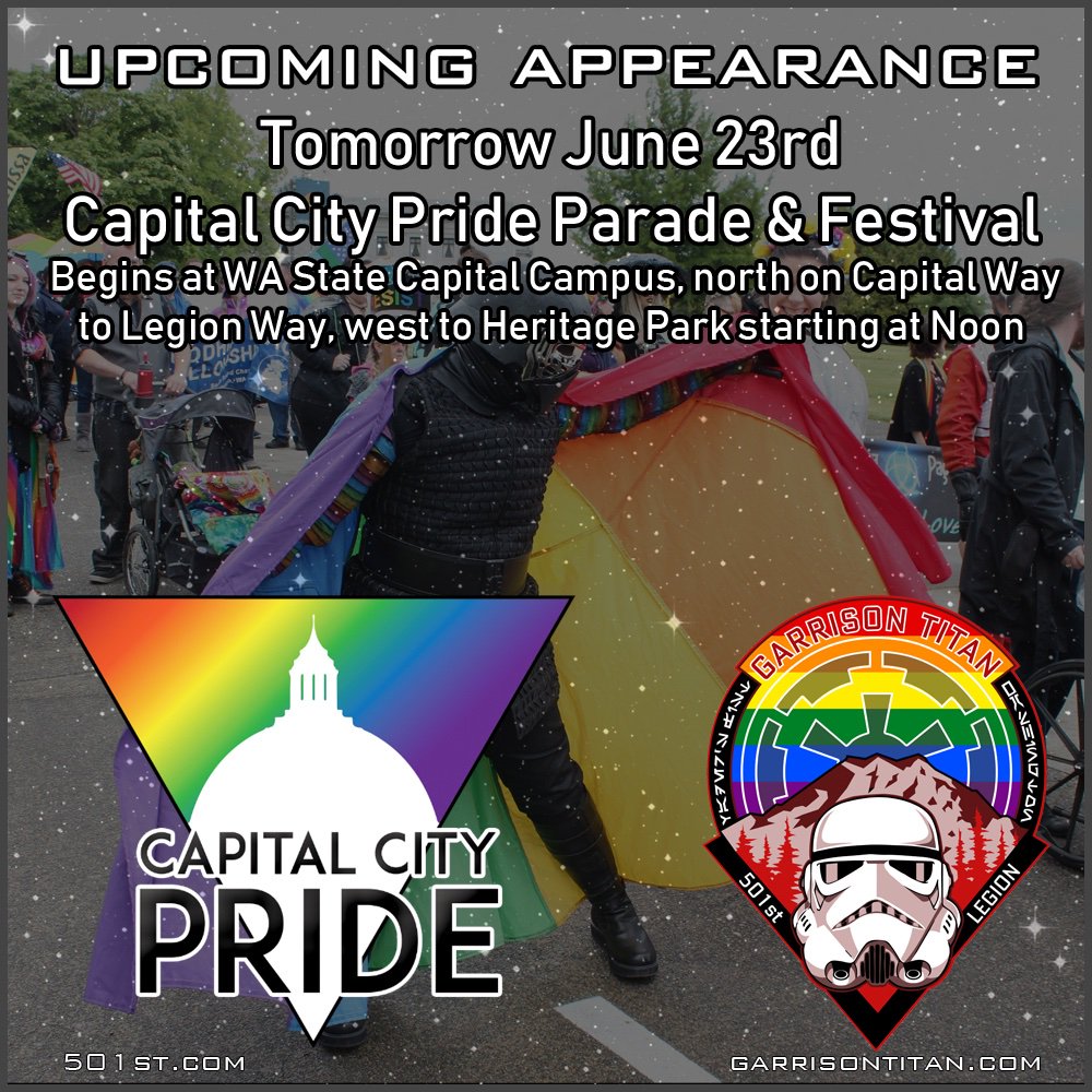 Capital city Pride parade &amp; festival is tomorrow! Come hang out with members of Garrison Titan, saber guild kamino , and Alpha Base we will be walking the parade route and hanging out at the park afterwards!
#garrisontitan #capitalcitypride #pride