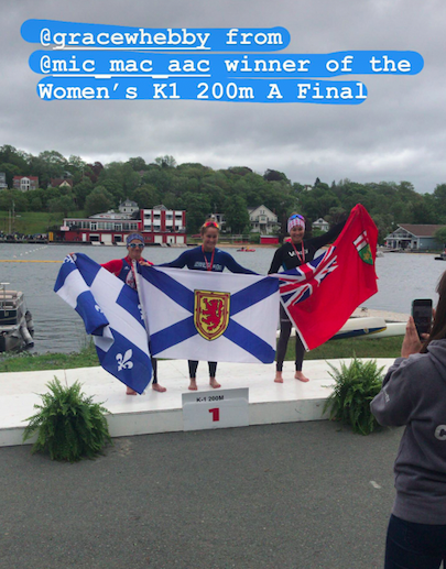Finals Update: Grace Whebby won the Women’s K-1 200m A Final with a time of 42.880 (pictured). Sloan Mackenzie (51.571), Kavita Thomas (52.968) and Marlee Macintosh (55.701)  lead the B final for Women’s C1 200m. Craig Spence and Ontario’s Drew Hodges won the Mens C2 1000m AFinal