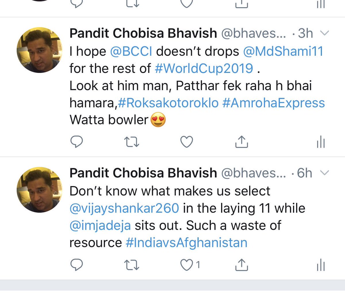 Feeling proud of myself. This is what I had to tweet 3 hrs back & then this happened #AmrohaExpress #hattrick #IndiaVsAfganisthan #indiavsafghan @MdShami11