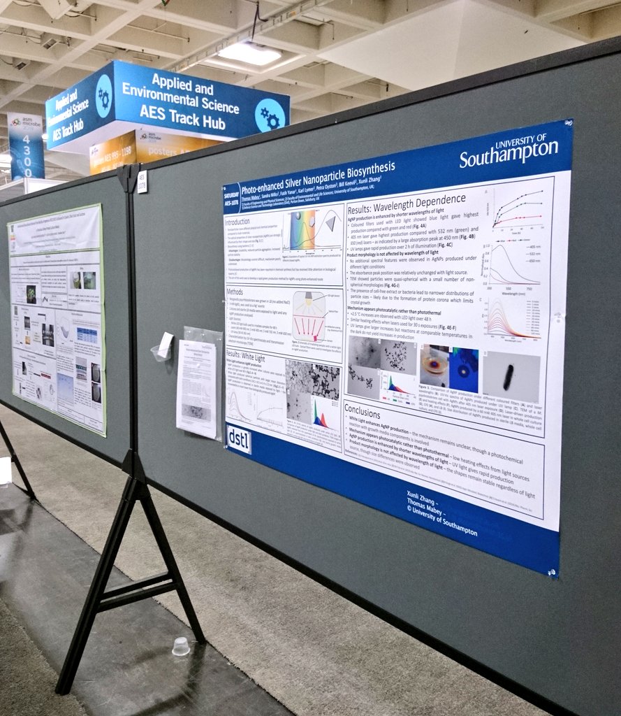 TomMMabey's tweet photo. If you're interested in silver nanoparticles and how we are making them using bacteria, drop by our poster at AES-1078 and help yourself to a handout! #ASMicrobe https://t.co/8Yt3jwRe9j