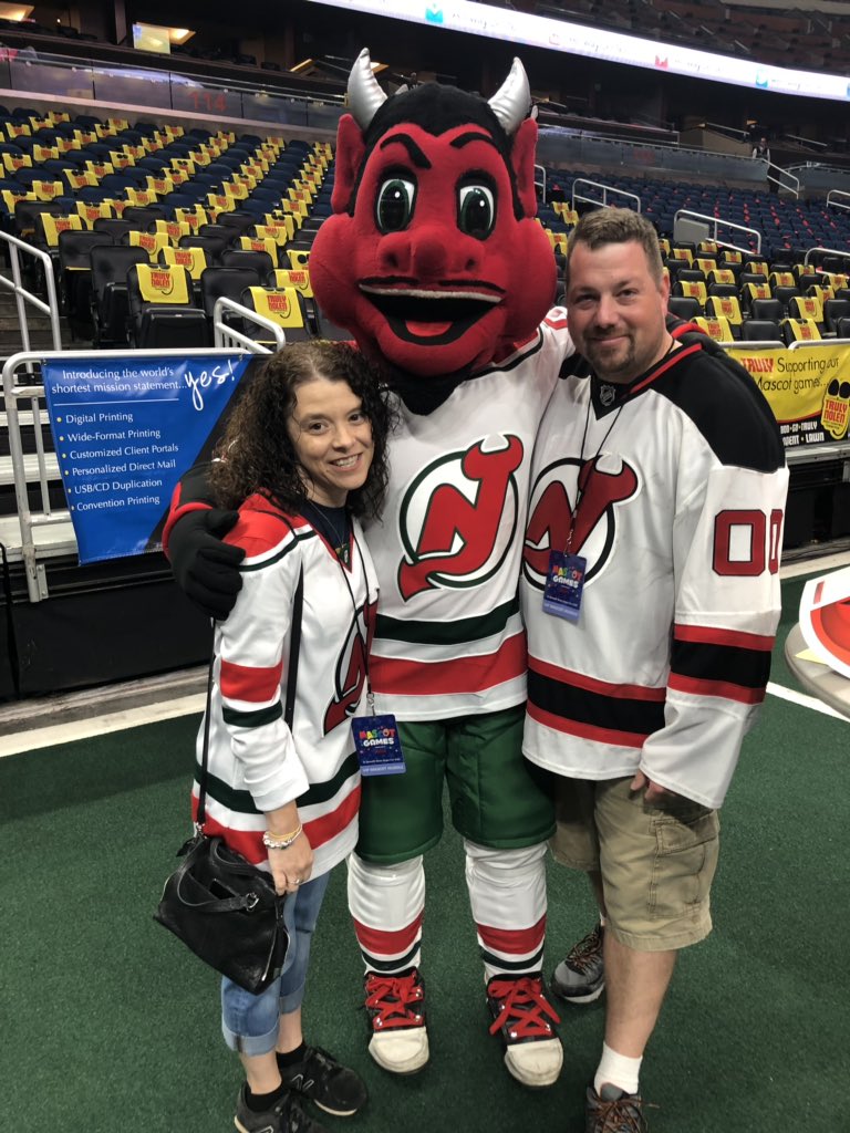rtindell's tweet photo. @NJDevil00 When you get to celebrate the news of a great trade with your favorite mascot. #MascotGames #IsItOctoberYet https://t.co/JknOVEXwes