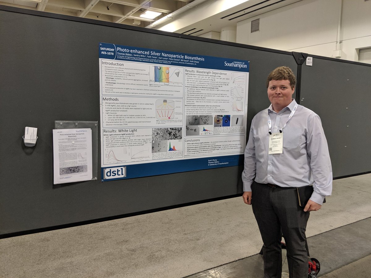 CJWinnard's tweet photo. Fantastic poster by @TomMMabey on 'Photo-enhanced Silver Nanoparticle Biosynthesis' at AES1078 - well worth a visit! @ASMicrobiology #ASMicrobe https://t.co/OJHKtwUW8d