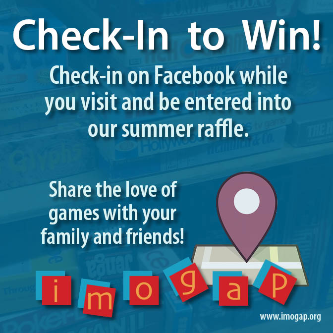 imogap's tweet photo. Summer Raffle: Help share the love of games!
During your visit, check-in with a Public posting on Facebook (Interactive Museum of Gaming and Puzzlery). Each check-in (once per day) is an entry into a monthly raffle for a chance to win
gaming snacks and goodies.   See you soon! https://t.co/5WaeMMrMYW