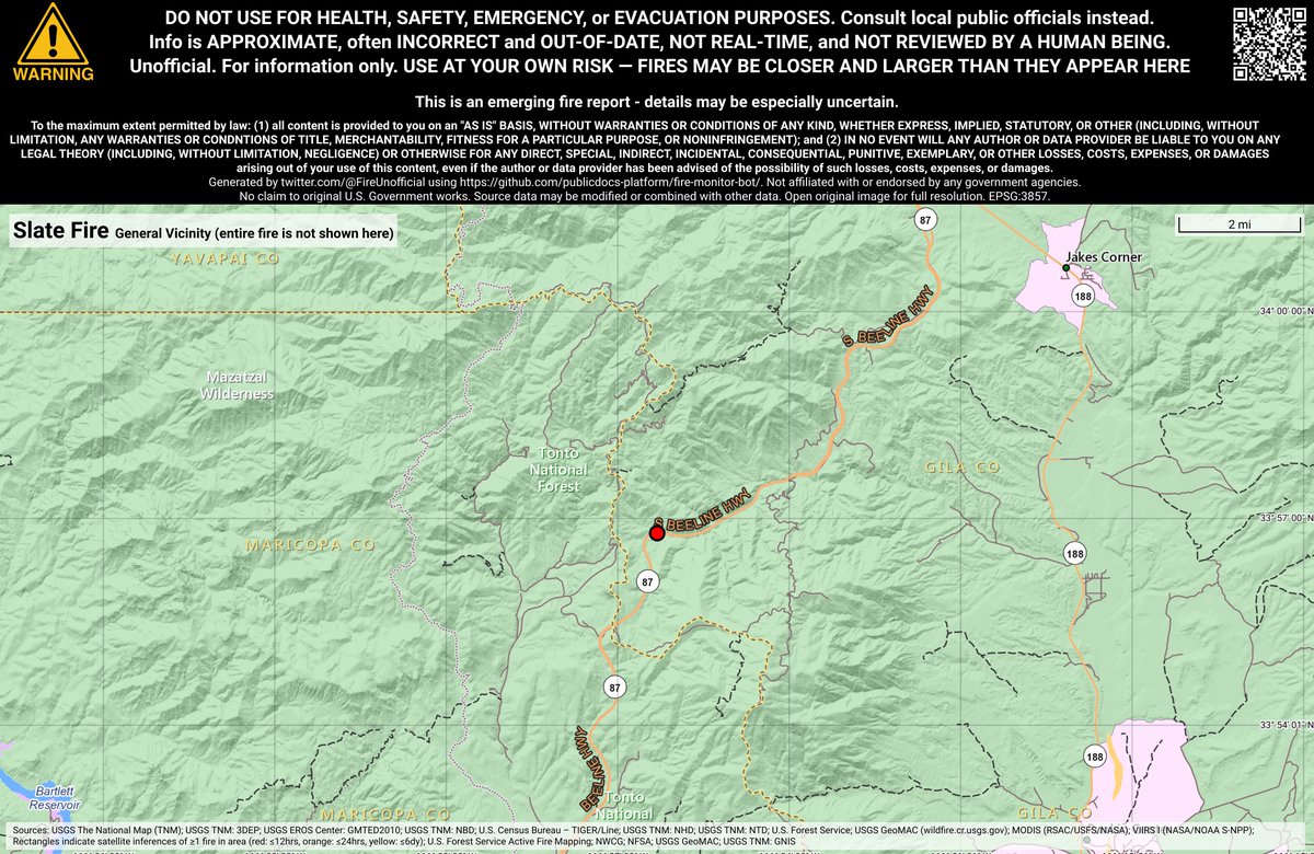 SWFireBot's tweet image. #SlateFire 🔥 unofficial new fire report.
~8mi WSW of Jakes Corner, AZ. ⚠️ DO NOT USE FOR SAFETY PURPOSES - See officials instead. May be incorrect; disclaimers in images.
