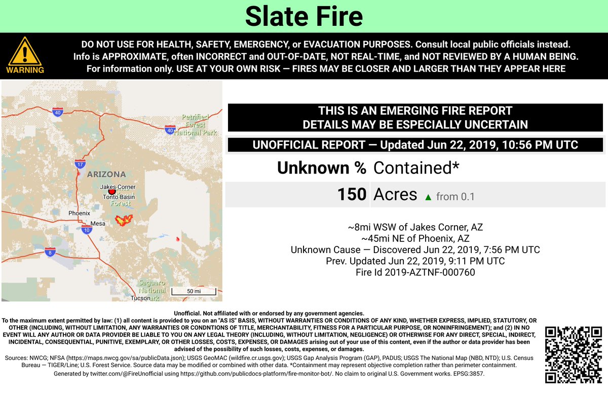 SWFireBot's tweet image. #SlateFire 🔥 unofficial new fire report.
~8mi WSW of Jakes Corner, AZ. ⚠️ DO NOT USE FOR SAFETY PURPOSES - See officials instead. May be incorrect; disclaimers in images.