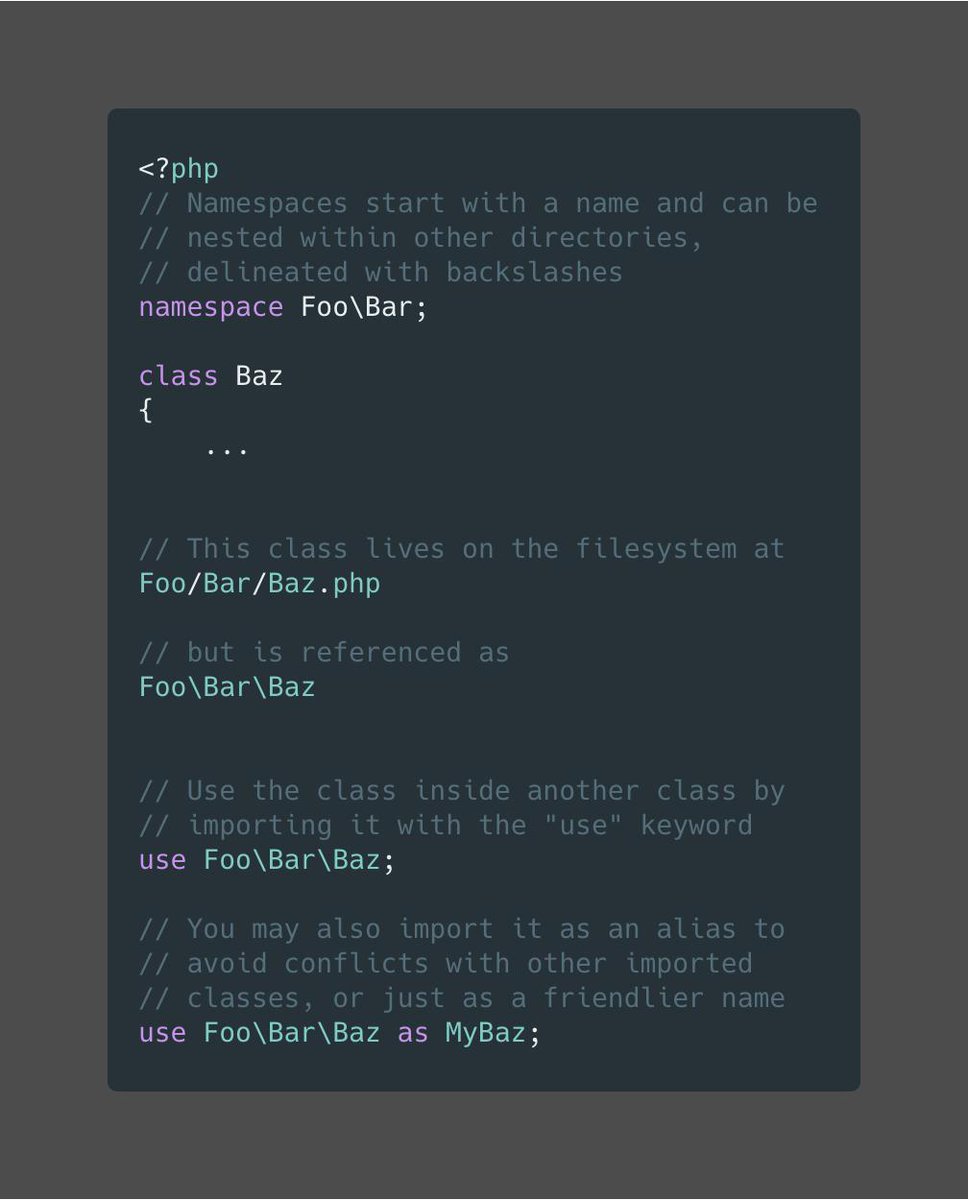 mdotacademy's tweet image. What is a namespace? Just a fancy name for grouping code into buckets so they don&apos;t run into namespace collisions. This provides us with the ability to use class names in more than one location within our application. #php #php5 #oop #imports