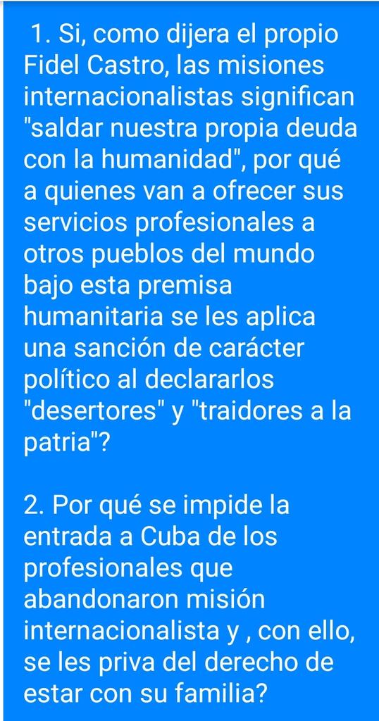 RCaimans's tweet photo. @DiazCanelB @DiazCanelB además de que #BajenLosPreciosDeInternet me gustaria q le explicaras a los cubanos y al mundo el por q del castigo de 8 años de separación fliar a los médicos? Gracias.
#BajenLosPreciosDeInternet @yoanisanchez @ONU_es @Europarl_ES @dw_espanol @CNNEE @alexotaola https://t.co/OGgVRvicsB