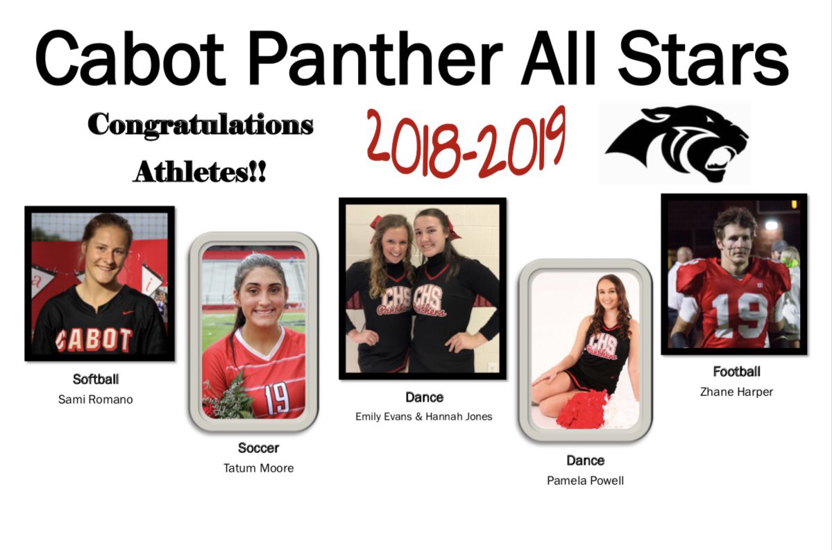 CabotAthDept's tweet photo. Congratulations to these student athletes who are representing Cabot in the @ArkActAssn All-Star games! 🐾🥎⚽️🏈 @Cabot_Softball @ldypanthersocr @cabothighdance @CabotFB @CabotHigh @cabotsd @SDalmut @leslie_doss @CoachMags04 https://t.co/dKM1Ec1boZ