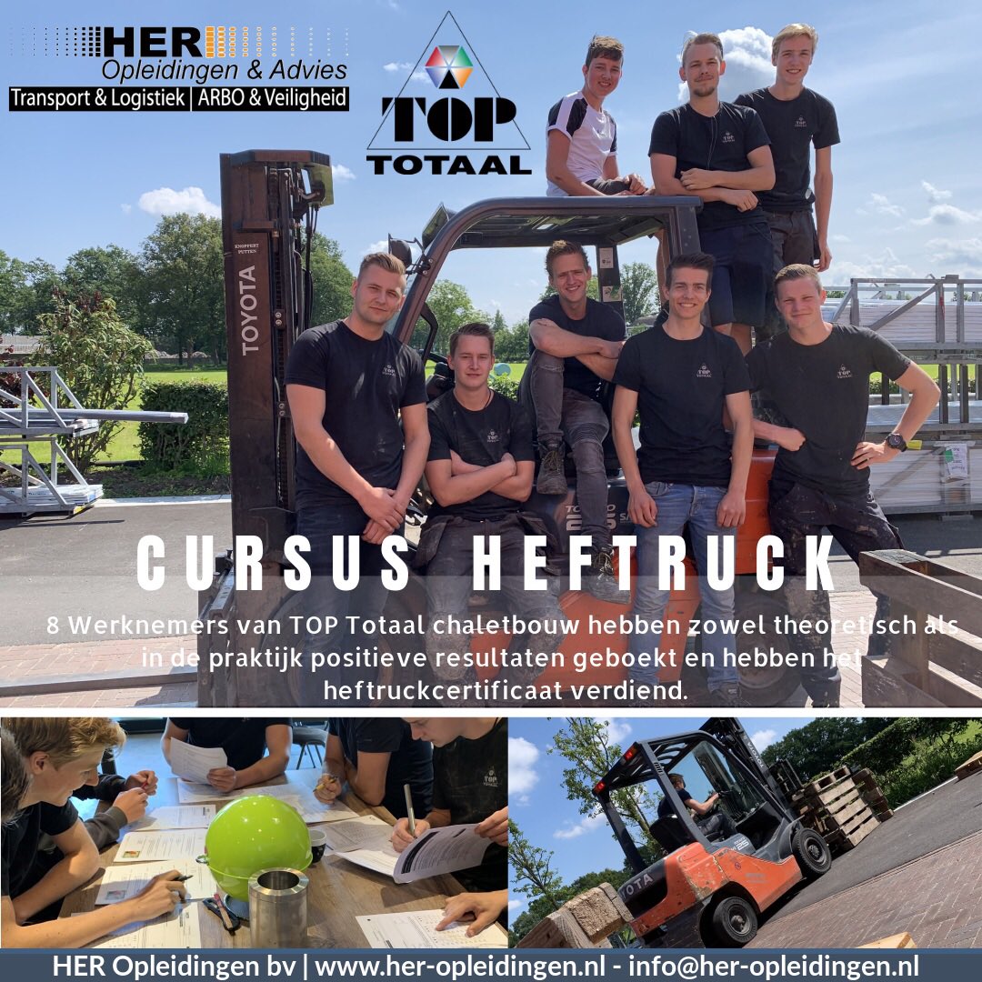 HERopleidingen's tweet photo. Werknemers bij @chaletbouw hebben super hun best gedaan, en na 1 dag in het bezit van hun #heftruckcertificaat. De #hefruck cursus is positief met goede resultaten verlopen. Jongens kunnen #absoluut veilig omgaan met de #vorkheftruck. Proficiat. https://t.co/WHgAWDEYuD