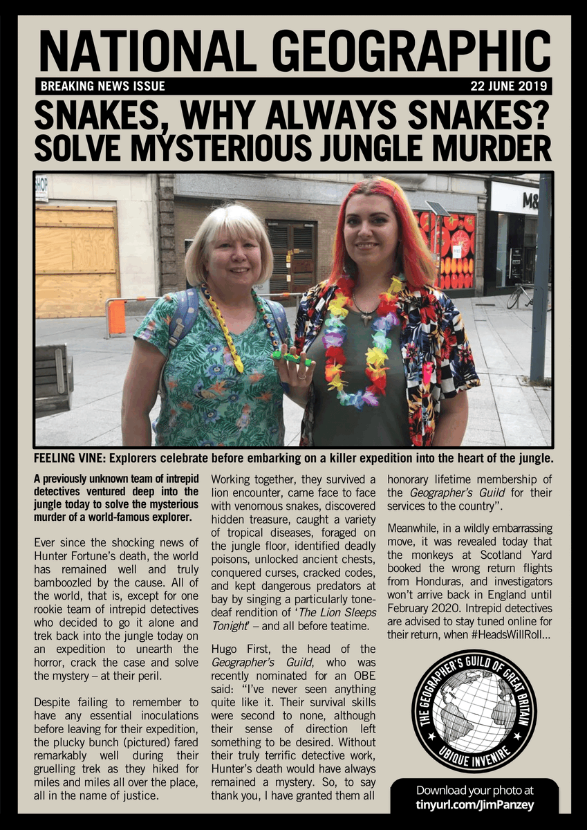 ACorpseOnCamera's tweet photo. @UndaNewNeon No YOU were amazing! Mammoth thanks for our super-sleuth kit - we'll never fox up a mystery again!  Epic jungle trekking too - you survived! Remember, Hunter Fortune may have killed Amos Keeto, but in the end, Eva Looshun caught up with him. #CircleOfLife #KarmaChameleon #Hashtag https://t.co/13NpW9iN9D