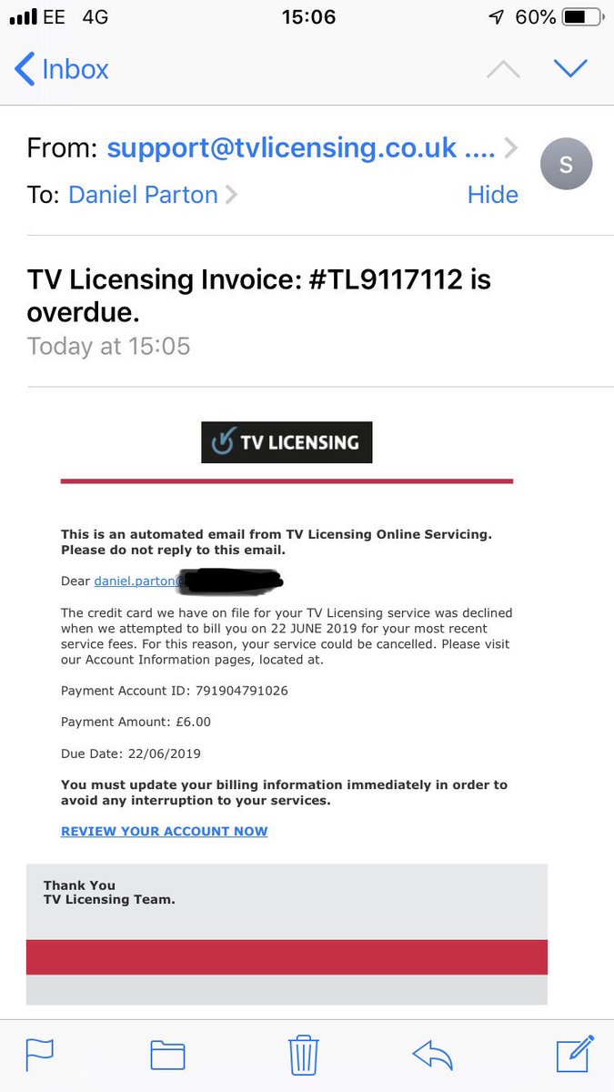 PartyParton's tweet image. @tvlicensingnews @tvlicensing Pretty good spoof email claiming to be you guys. #TVLicence #spoof #spoofemail