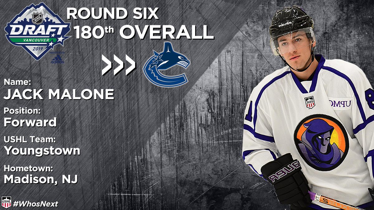 The <a href="/Canucks/">Vancouver Canucks</a> drafted Jack Malone (<a href="/YtownPhantoms/">Youngstown Phantoms</a>) in the sixth round of the #NHLDraft