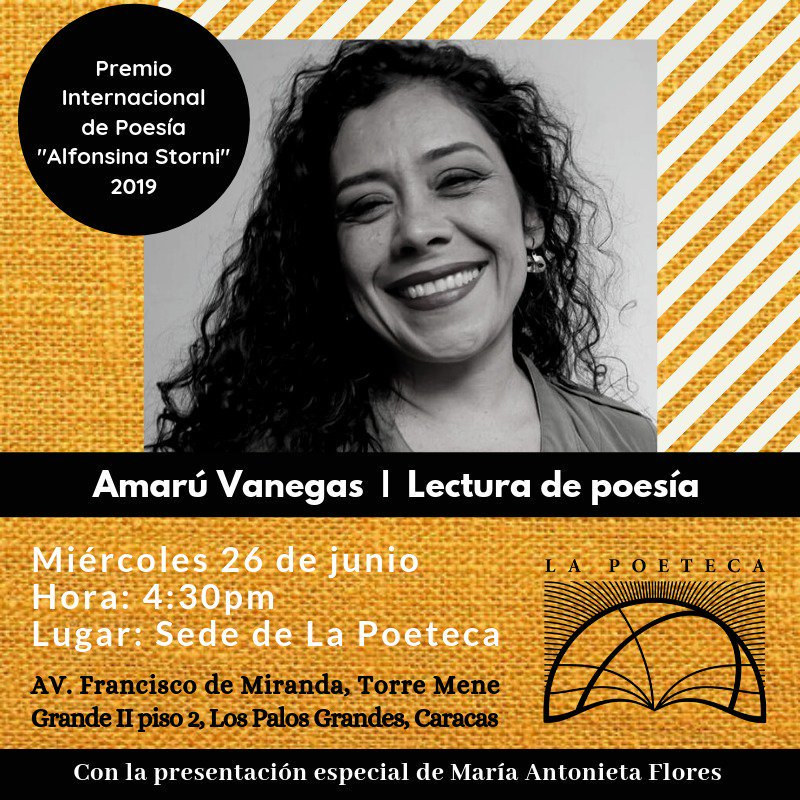 Poeteca1's tweet image. Los invitamos a acompañárnos el próximo miércoles #26jun, a las 4:30pm, a una lectura de poesía con Amarú Vanegas (@amaruvanegas), ganadora del Premio Alfonsina Storni 2019.

¡Los esperamos!

#EventoPoeteca