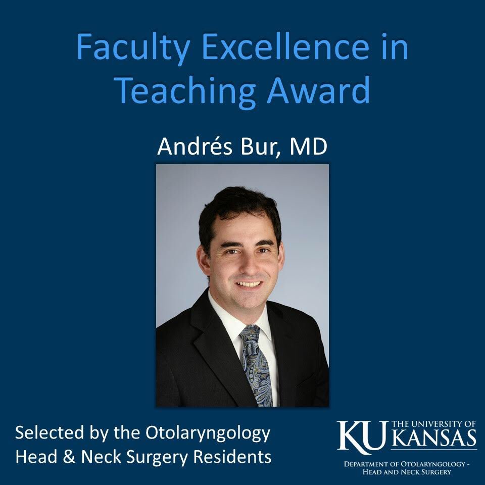 KU_ENT's tweet photo. 🥇Cheers to Andres Bur MD @drandresbur who was selected by our #residENTs for the Faculty Excellence in Teaching Award @KU_ENT 👏
#KUENTGradDay #ENTSurgery #ENT #MedEd https://t.co/JtMYUygEZt