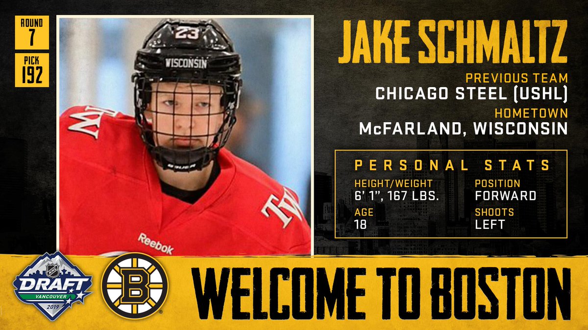 NHLBruins's tweet photo. With the 192nd pick in the 2019 #NHLDraft, we've selected forward Jake Schmaltz.

Welcome to Boston, Jake! https://t.co/Uh1Qba69wq