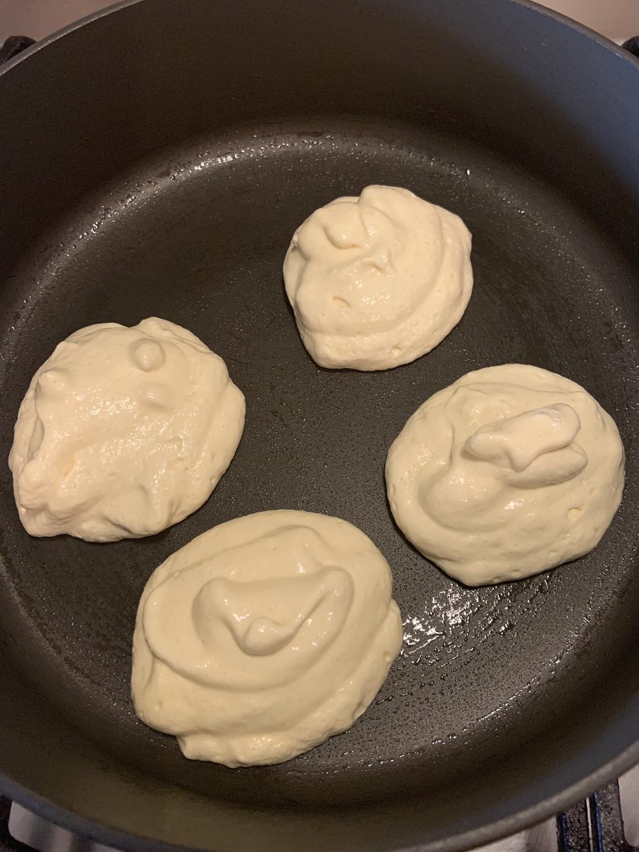 oil your pan (not butter bc butter burns) and wipe off the excess with a paper napkin. with your heat on low, slowly ladle in your batter and cook until the sides are dry.