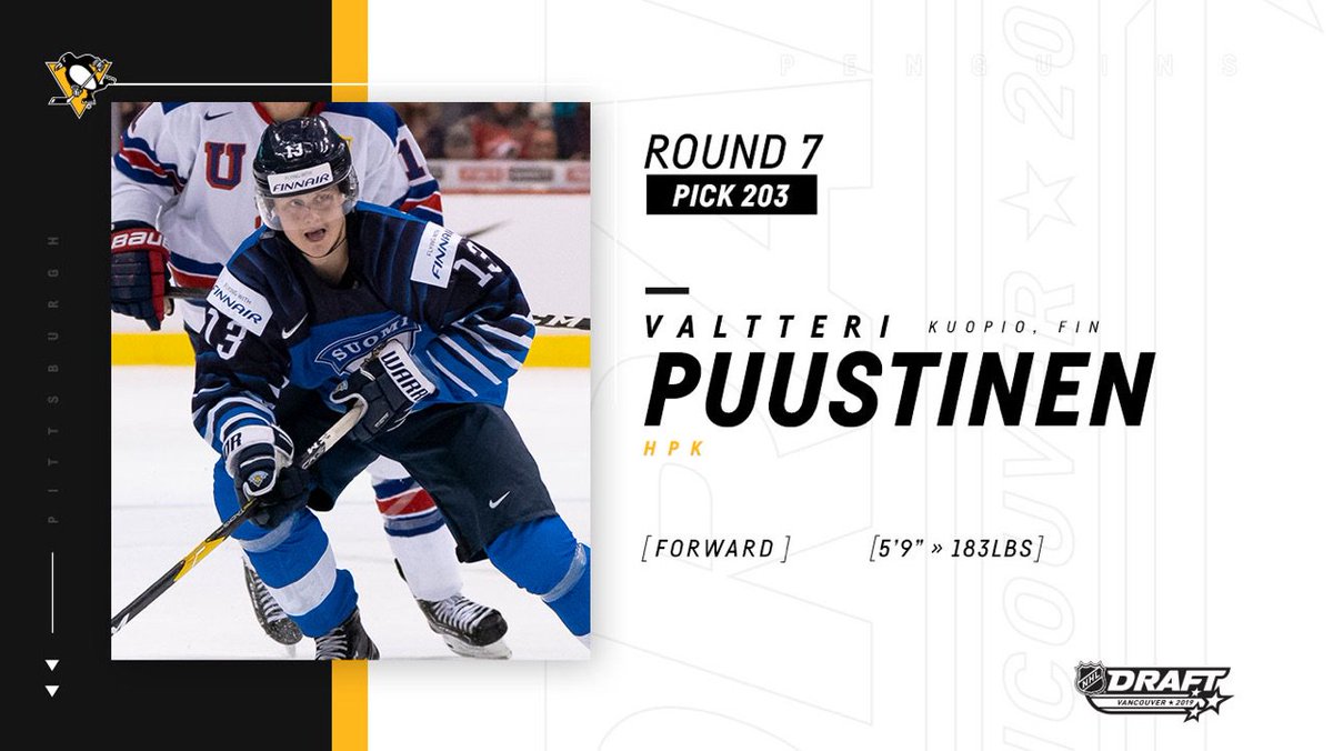 With the 203rd pick in the 2019 #NHLDraft, the Pittsburgh Penguins select forward Valtteri Puustinen.