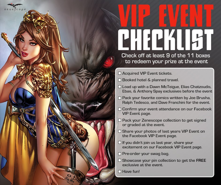 Zenescope's tweet photo. How many items have you checked off your list? Don't forget to bring this with you to #VIPComicFest19—you'll get another FREE PRIZE!
https://t.co/6IjTWkfOlJ https://t.co/aHjA6x1Htg