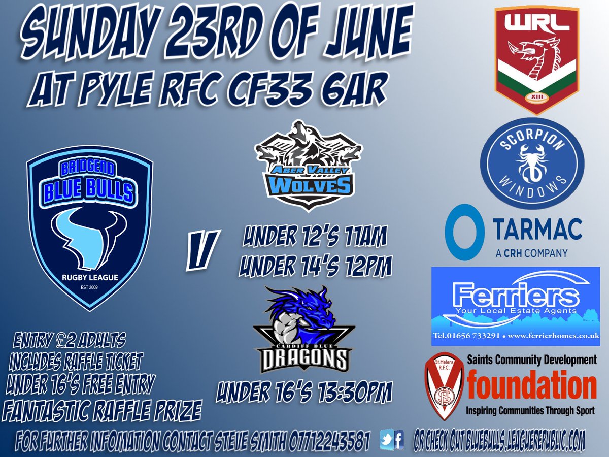 BlueBullsRL's tweet image. Big day tomorrow all 3 junior sides are home. 🏟@pylerfc @AberValleyW 🕚under 12s 🕛under 14s @CardiffRL 🕜under16   £2 entry (includes Raffle tickets) great prize this week. #rlfamily @WalesRugbyL @ScorpionWindows @FerriersEstates @CommunitySaints
