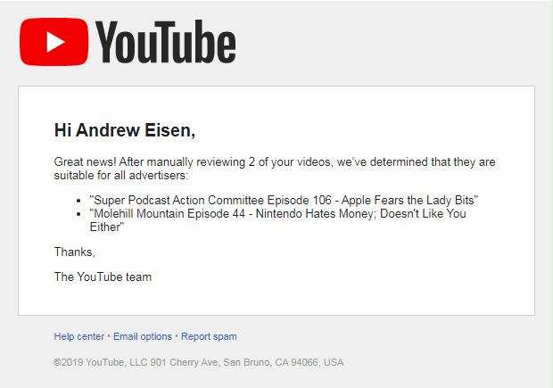 Pic of an email from YouTube admitting it flagged even more of my videos incorrectly.