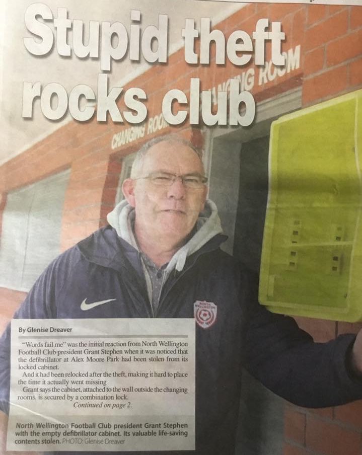 LFCWellington's tweet photo. As some of you might have heard, the AED we fundraised so hard for to put into Alex Moore Park has been stolen. We’re furious. For a club that lost one of its Masters players to a cardiac arrest last year, this has really hurt the @NorthWellington community. 
1/3 https://t.co/1x6vdAXDDZ