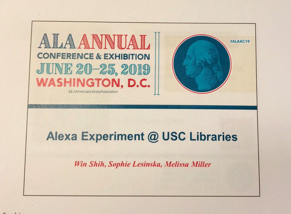 MelissaMiller09's tweet photo. Join us tomorrow for USC Libraries’ Dr. Win Shih, Dr. Sophie Lesinska & Dr. Melissa Miller’s presentation, Alexa for Business & @USCLibraries #alaac19 #uscmmlis #mmlis #USCMarshall @USCMarshall @alaannual @USC @ALAatUSC
10:30-11:30, RM 143A https://t.co/naRevKjKbj