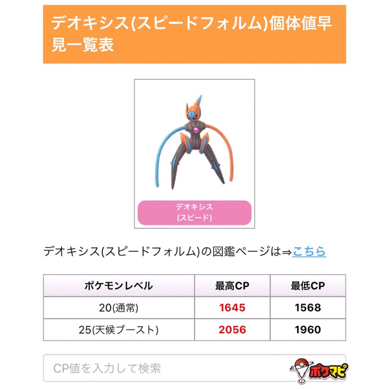 ポケモンgo攻略情報 ポケマピ デオキシス スピードフォルム の個体値早見表です 通常時 Pl と天気ブースト込 Pl25 の2種類のパターンに対応しています 個体値 最高 最低 通常 Cp1645 Cp1568 天候ブースト 強風 Cp56 Cp1960