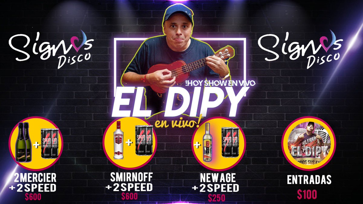 👉TE ESPERAMOS ESTA NOCHE CON LA MEJOR ONDA 🍾🍸🍻🥂
⚡️SIGNOS DISCO - SHOW EN VIVO  ➡️EL DIPY🎤
🔥 EL DIPY EN SIGNOS!
🚨 DALE RT A ESTA PUBLICACIÓN PARTICIPA DEL SORTEO DE 3 ENTRADAS FREE!!!