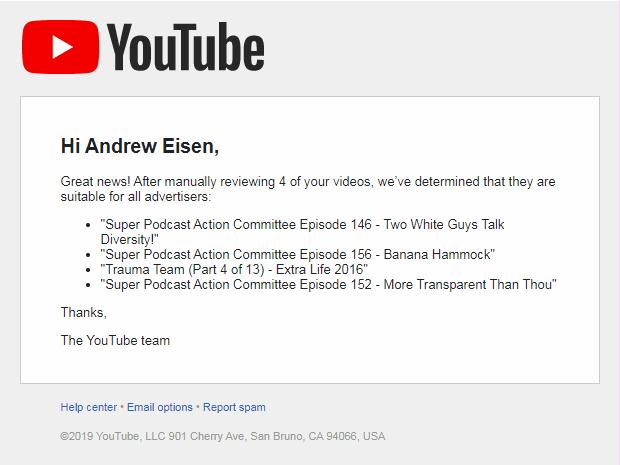 Pic of YouTube admitting it inappropriately flagged four more videos.