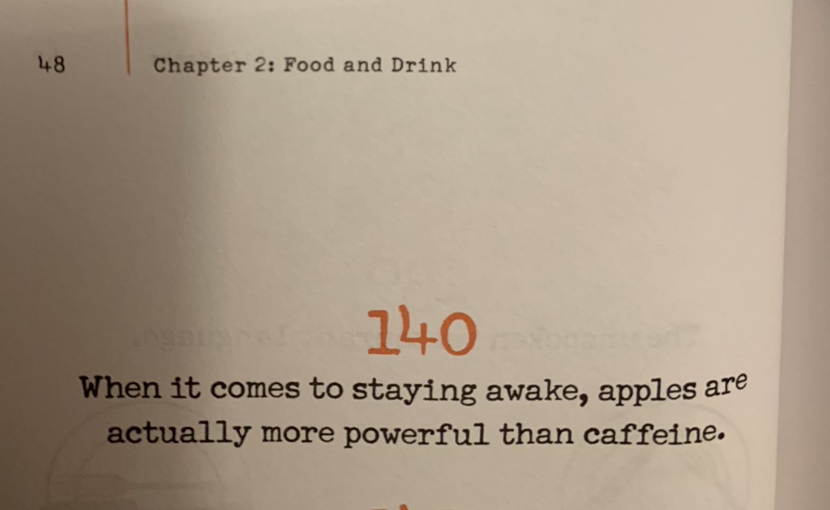 The book has something suspect on practically every page, honestly. OKAY AUTHOR, LETS DO A LITTLE EXPERIMENT. I’LL DOWN THESE 11 CUPS OF ESPRESSO, ONE EVERY HOUR AND YOU CAN HAVE THIS BASKET OF GRANNY SMITHS AND WE’LL SEE WHO IS UP AT THE END OF IT.