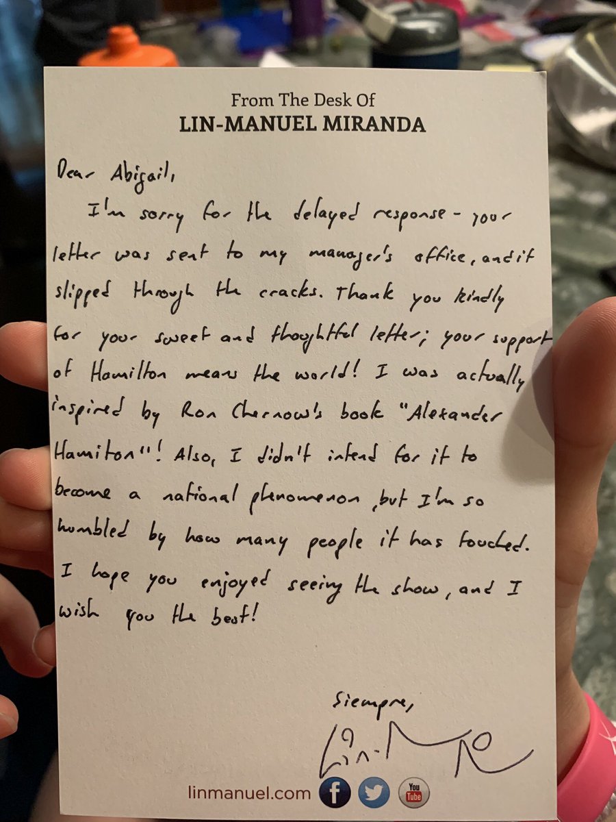 TWO years ago, our <a href="/tcrwp/">TCRWP</a> research unit had Abi writing a letter to <a href="/Lin_Manuel/">Lin-Manuel Miranda</a> for primary source info. This came on the Last Day of School !!!! <a href="/ellicottelem/">Ellicott Elementary</a> #viviansalmon1819 #starstruck #worththewait