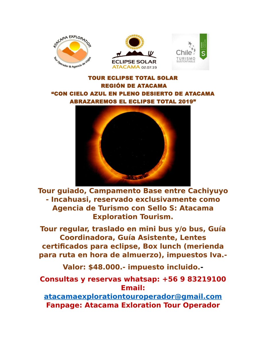 AtacamaExplorat's tweet photo. Atacama Exploration Tourism, Sello S te invita a disfrutar del tour Eclipse Total Solar, en el Desierto de la Región Atacama, la observación será en el principal Campamento Base Oficial donde tenemos reservado con preferencial exclusividad como Agencia de Turismo, contactanos!!! https://t.co/XAjEatd5pM