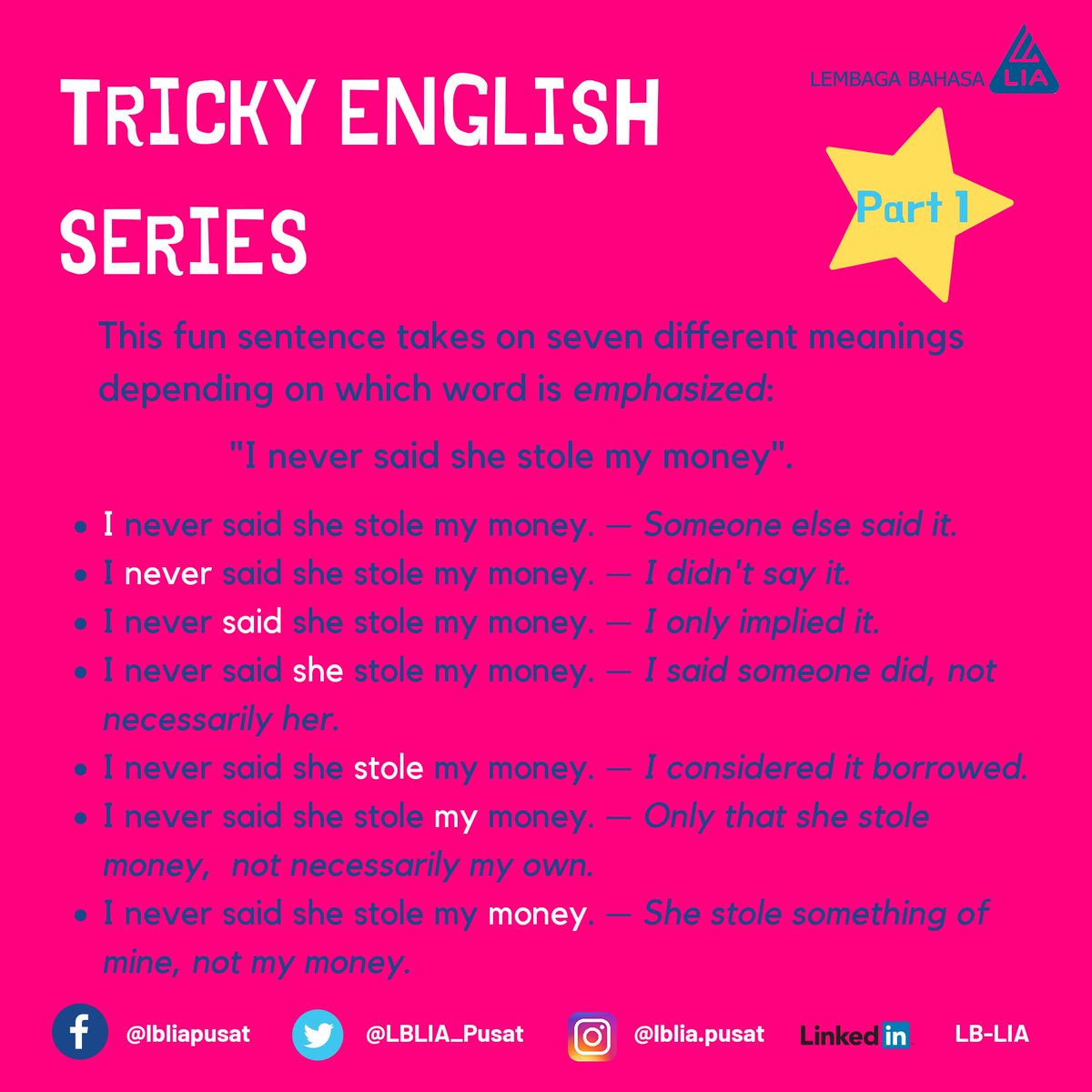 LBLIA_Pusat's tweet photo. You gotta admit it, English is indeed fun!

Please welcome our "Tricky English Series". This is part of #LIATips
We'll post more for you, guys! 😉

#LBLIA
#LearnEnglishwithLIA
#LearnEnglishatLIA
#Englishcourse
#englishlearning
#languagelearning
#learnwithLIA https://t.co/LzKWeyyH4r
