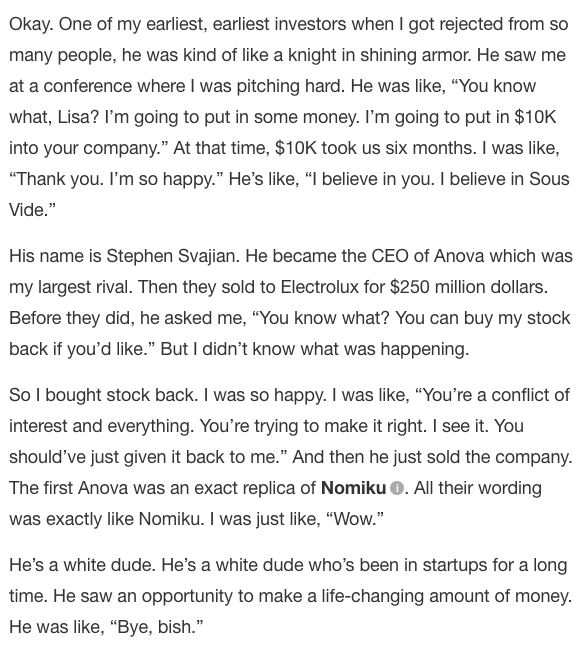 garrytan's tweet photo. One of @Nomiku's earliest investors was Stephen Svajian. He became the CEO of Anova, their #1 rival. 

"The first Anova was an exact replica of Nomiku. All their wording was exactly like Nomiku."

Then they sold to Electrolux for $250 million dollars. 

https://t.co/sY1awH1obg https://t.co/BGtNL43u9D