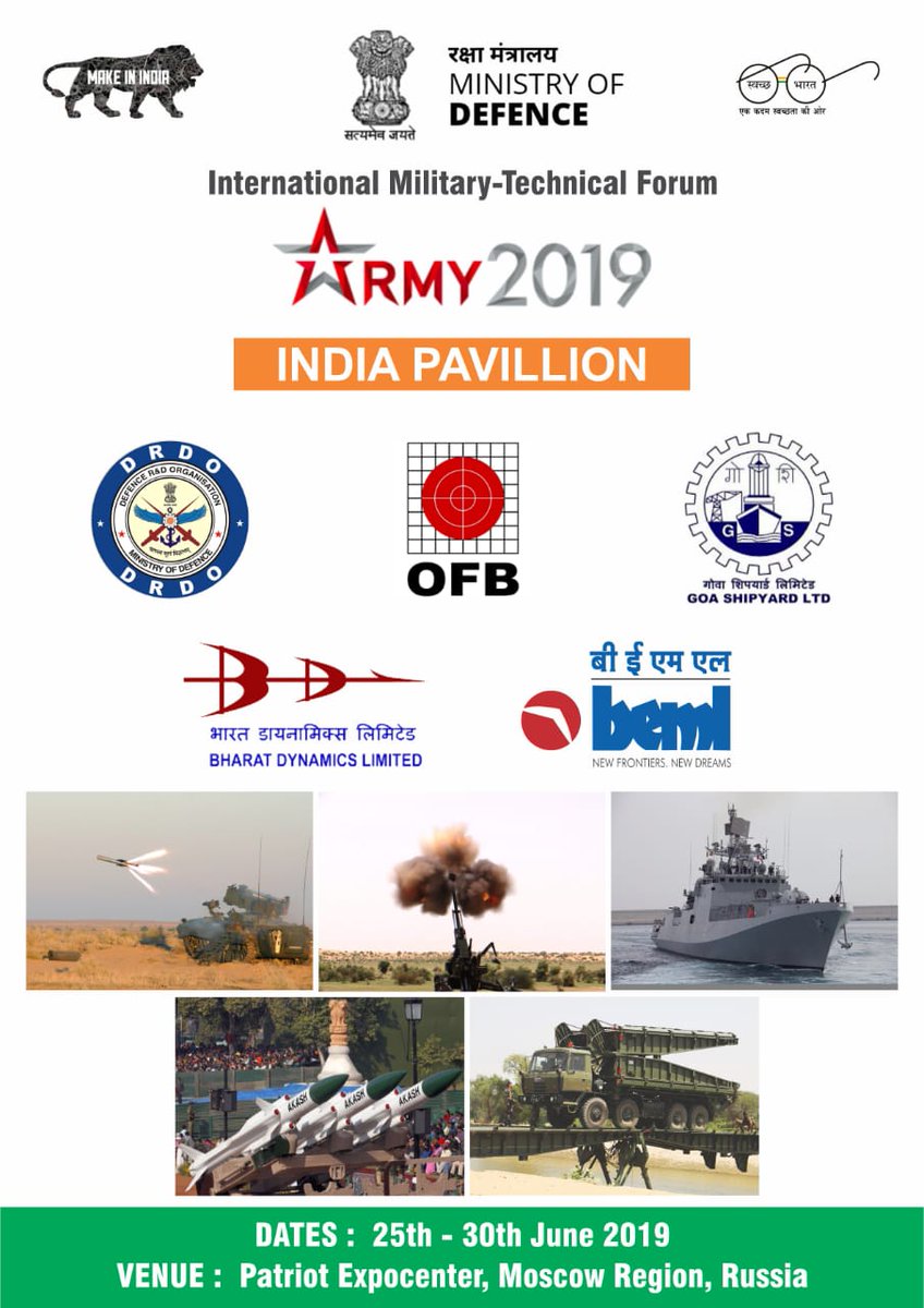 IndiaARMY20191's tweet photo. #DRDO, Ordnance Factory Board #OFB, Goa Shipyard Limited #GSL, Bharat Earth Movers Limited #BEML, Bharat Dynamics Limited #BDL ready to showcase their products and technology at ARMY2019 at Patriot Expocenter, Moscow Region, Russia 25-30 June 19 https://t.co/EJ9suQnOmY