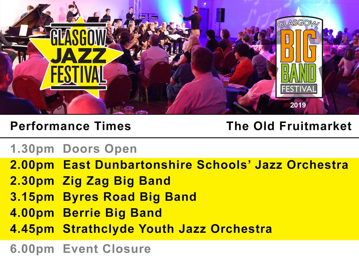 Berrie Big Band (@berriebigband) on Twitter photo The Big Band Festival is upon us! FIVE big bands performing today at The Old Fruitmarket for the <a href="/GlasgowJazzFest/">Glasgow Jazz Festival</a>:
East Dunbartonshire Schools' Jazz Orchestra
Zig Zag Big Band
Byres Road Big Band
Berrie Big Band
Strathclyde Youth Jazz Orchestra
£12 entry, under 12s go free. The Big Band Festival is upon us! FIVE big bands performing today at The Old Fruitmarket for the <a href="/GlasgowJazzFest/">Glasgow Jazz Festival</a>:
East Dunbartonshire Schools' Jazz Orchestra
Zig Zag Big Band
Byres Road Big Band
Berrie Big Band
Strathclyde Youth Jazz Orchestra
£12 entry, under 12s go free.