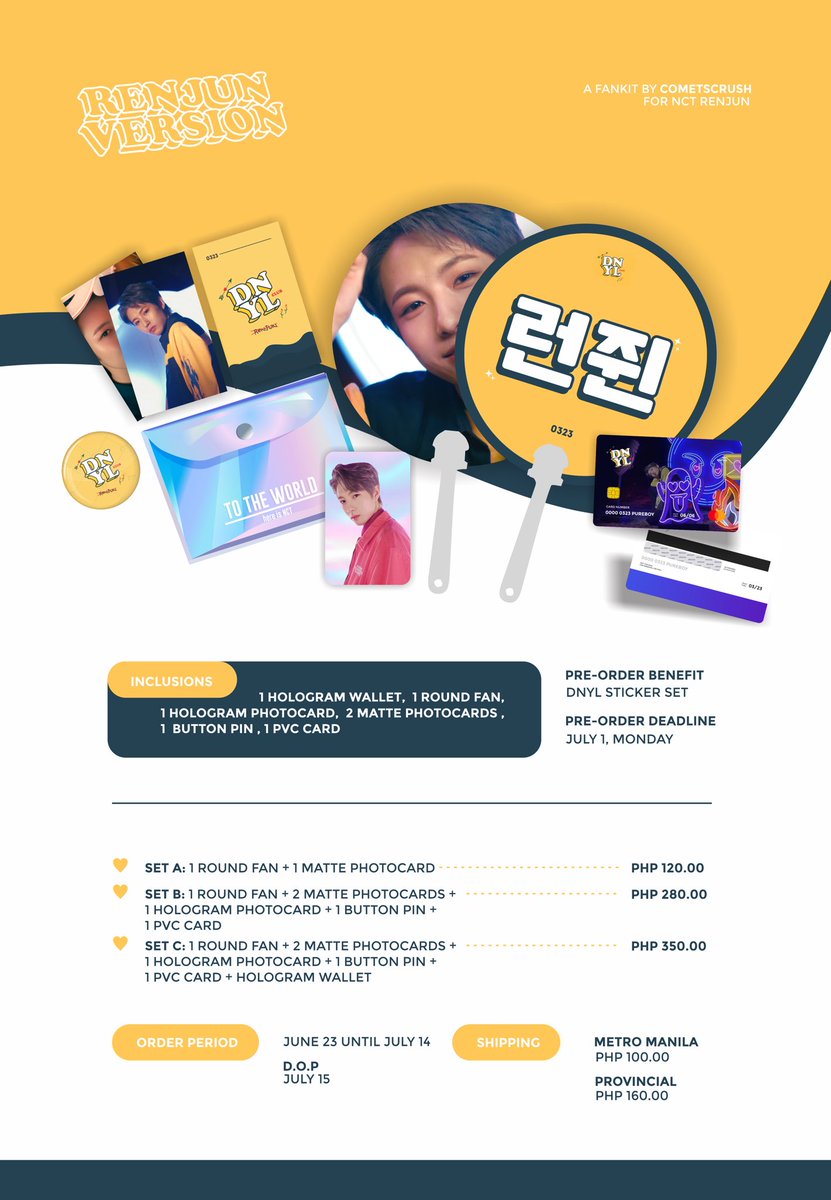 enpleinairs's tweet photo. 💛
𝙉𝘾𝙏 𝙁𝘼𝙉𝙆𝙄𝙏𝙎

𝘏𝘈𝘌𝘊𝘏𝘈𝘕 / 𝘙𝘌𝘕𝘑𝘜𝘕 / 𝘊𝘏𝘌𝘕𝘑𝘐 𝘝𝘌𝘙𝘚𝘐𝘖𝘕

➖

🗓 ⇢ 06.23 ~ 07.14 / DOP: 07.15
📎 ⇢ https://t.co/Y36iwmxdPT

  ▫️For G.Os, please send me a DM. 
  ▫️#NCT #HAECHAN #RENJUN #CHENLE #JISUNG https://t.co/dE4aN43r2M
