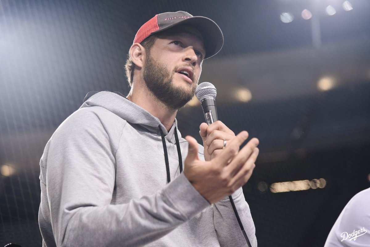 Dodgers's tweet image. After tonight’s game, @ClaytonKersh22, @kenleyjansen74, A.J. Pollock and Dave Roberts celebrated Christian Faith Day and shared their personal testimonies.
