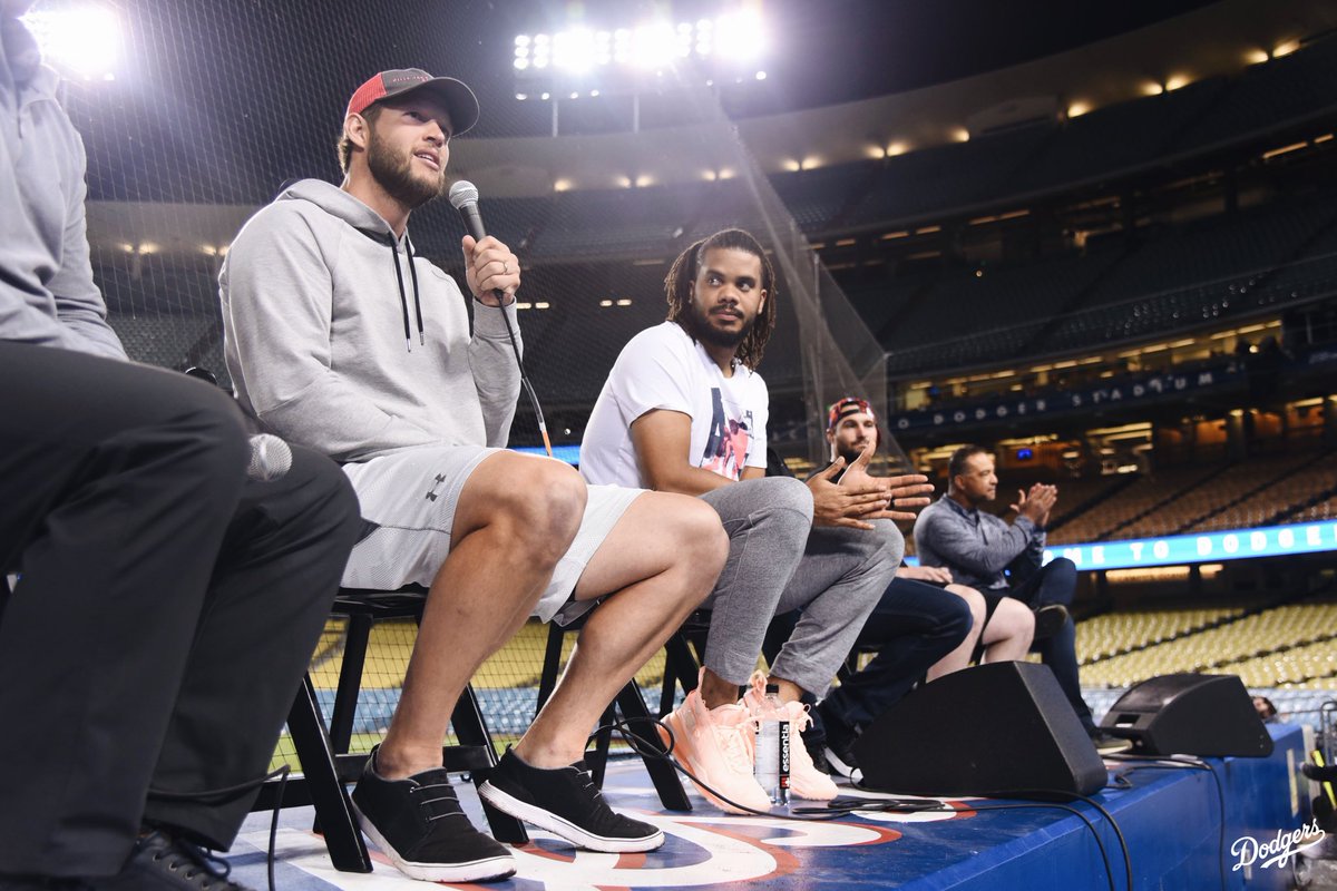 Dodgers's tweet image. After tonight’s game, @ClaytonKersh22, @kenleyjansen74, A.J. Pollock and Dave Roberts celebrated Christian Faith Day and shared their personal testimonies.