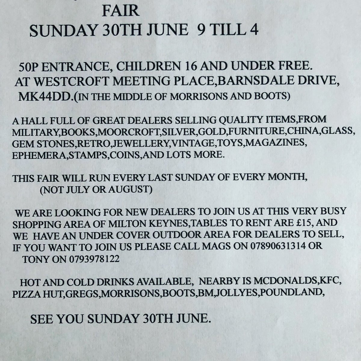 New dealers welcome to join us on Sunday 30th June