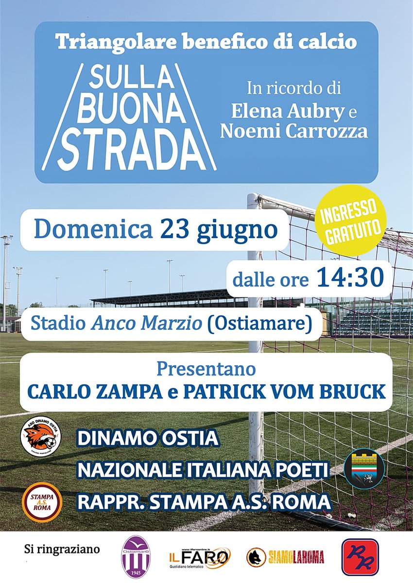 fabioizzo6's tweet photo. #buonadomenica... Oggi ci si augura di essere sulla buona strada: triangolare di calcio amichevole e benefico in ricordo di Elena Aubry e Noemi Carrozza.  Alle ore 14.00, Stadio Anco Marzio di Ostia (Ostiamare) @CasaLettori
@ReTwitStorm_ita @mikgentile @NPoeti https://t.co/vMmpdGgQ47
