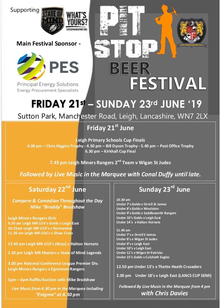 Final day of the 2019 Pit Stop Beer festival, all the action kicks off at 10:30 this morning with a host of <a href="/Lmrjuniors/">Leigh Miners Rangers RL Academy</a> games, <a href="/miners18s/">Leigh Miners U'18s</a> take on <a href="/LeighEast/">❤️🖤LeighEast🖤❤️</a> at 2pm in the Lancashire Cup semi final, with the day being finished off with Live music from Chris Davies at 4pm 🏉🍺☀️