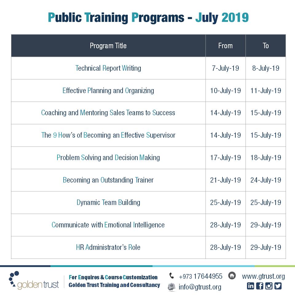 GoldenTrust_'s tweet photo. Registration is open for July 2019 public training programs.

For enquiries and programs details, contact us on:

+973 17644955
info@gtrust.org 

Our journey continues to #develop_people_develop_organizations 
#Bahrain #البحرين https://t.co/1EtM8Nsrq2