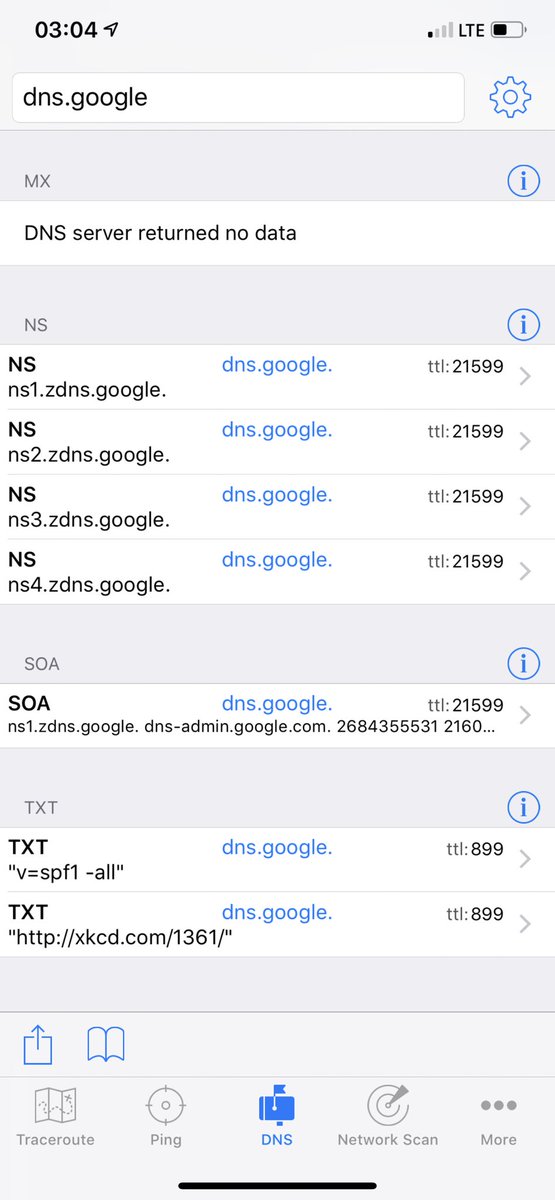 zrdean's tweet image. If you look up the TXT record for dns.google., one of the records is xkcd.com/1361/ 😂 #DNS #GoogleDNS #XKCD